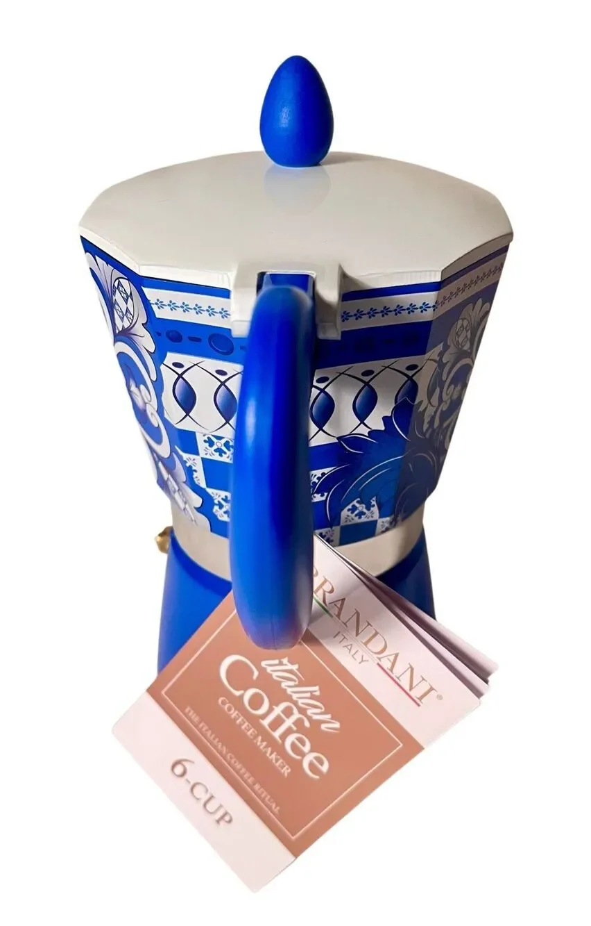 Brandani Italian Coffee Maker Moka Pot Blue Majolica Aluminum 6 Cup Espresso NEW